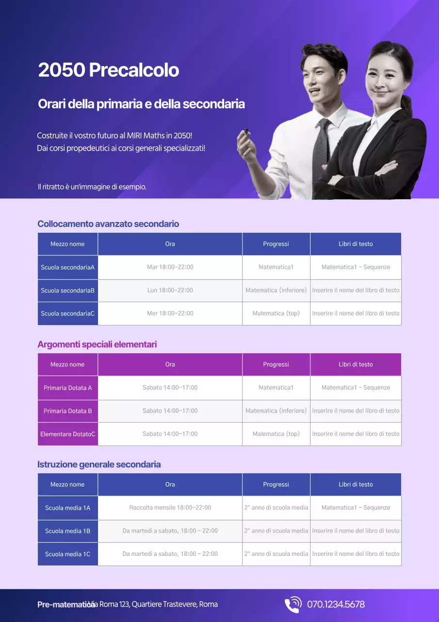 Semplice orario scolastico con foto di istruttori su sfondo viola