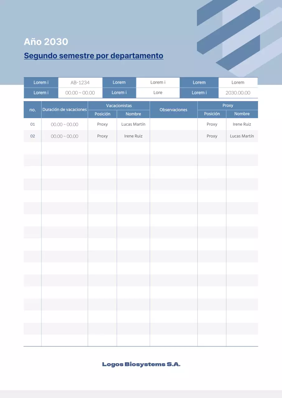 Plan de vacaciones del departamento azul