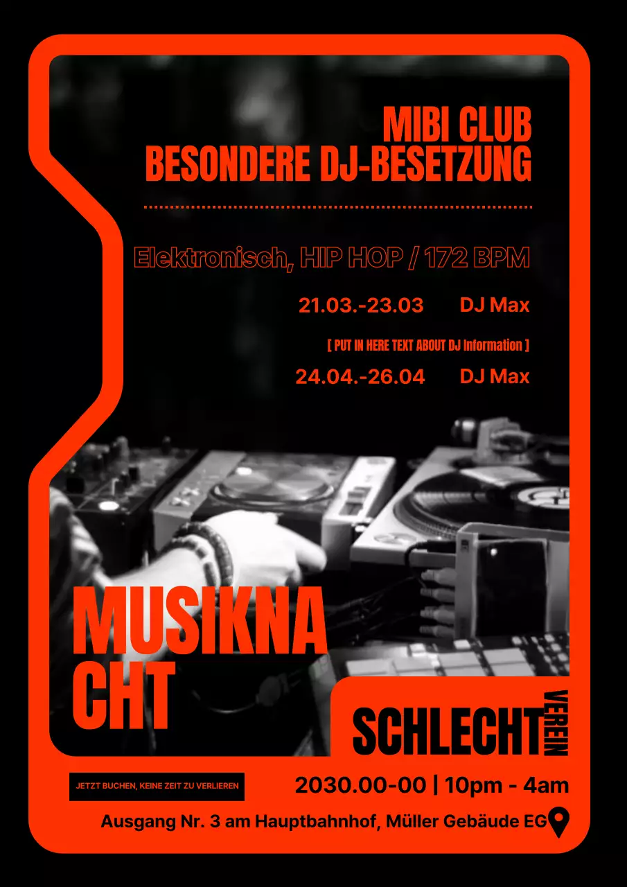 Hip-Deejay-Club-Poster in Orange und Schwarz