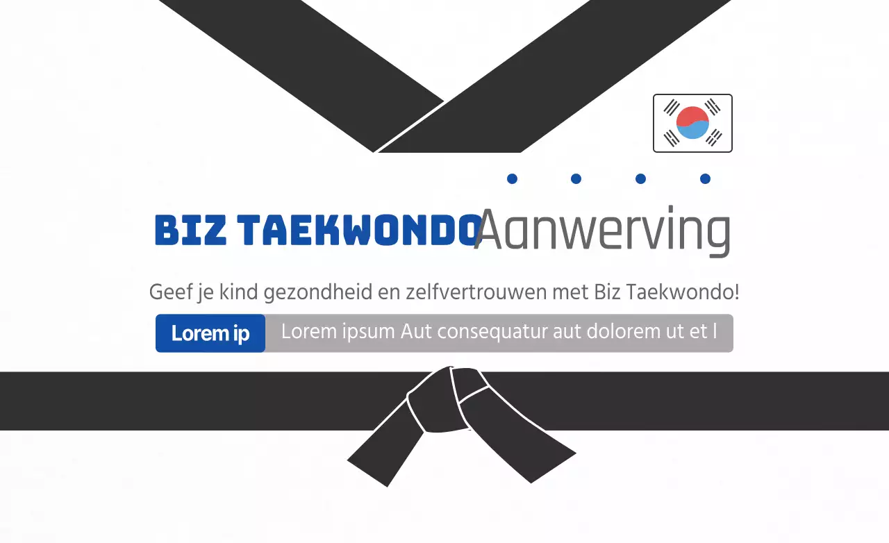 Eenvoudige stijl in zwart en blauw voor informatie en promotie van een taekwondoschool