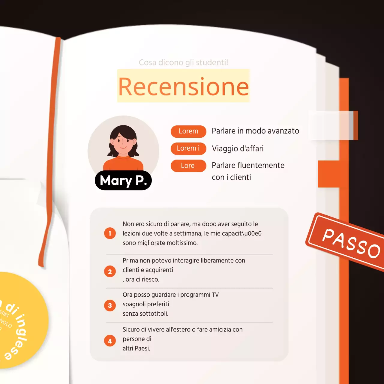 arancione giallo marrone libro illustrazione accademia inglese cartolina pubblicitaria novità