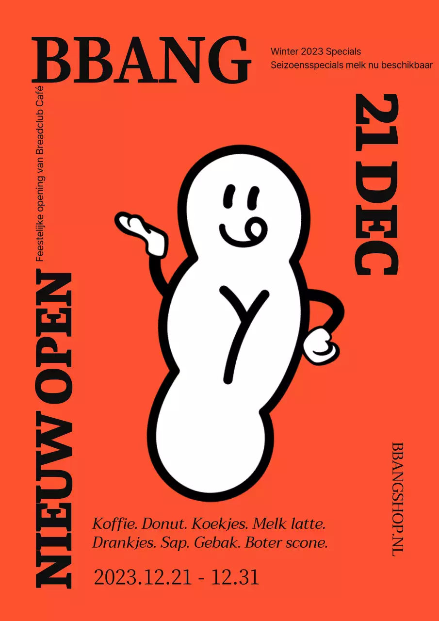 Poster voor de opening van een snoepwinkel met een eenvoudig oranje kleurenschema