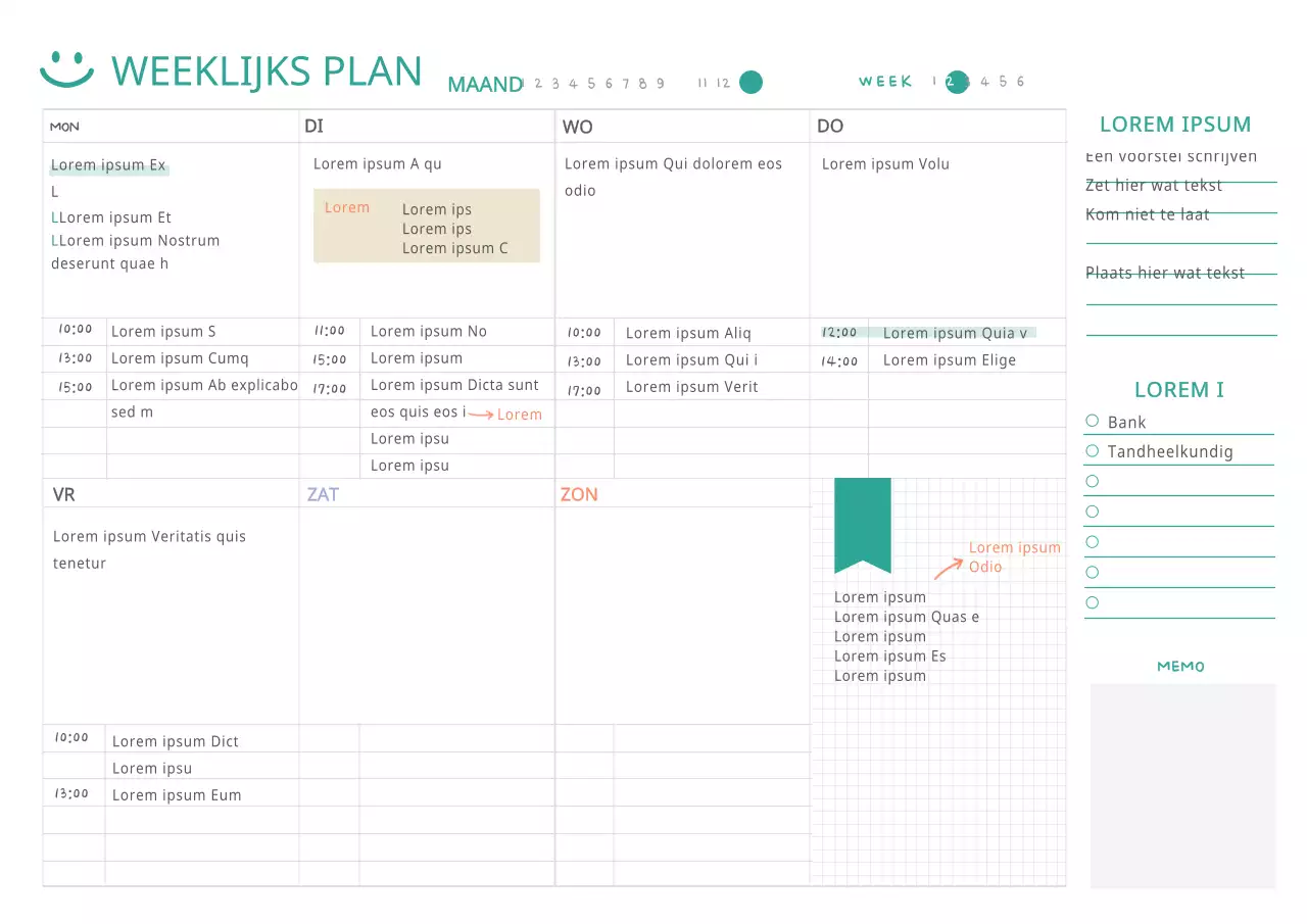 Eenvoudige witte toon voor weekplanning webnotities