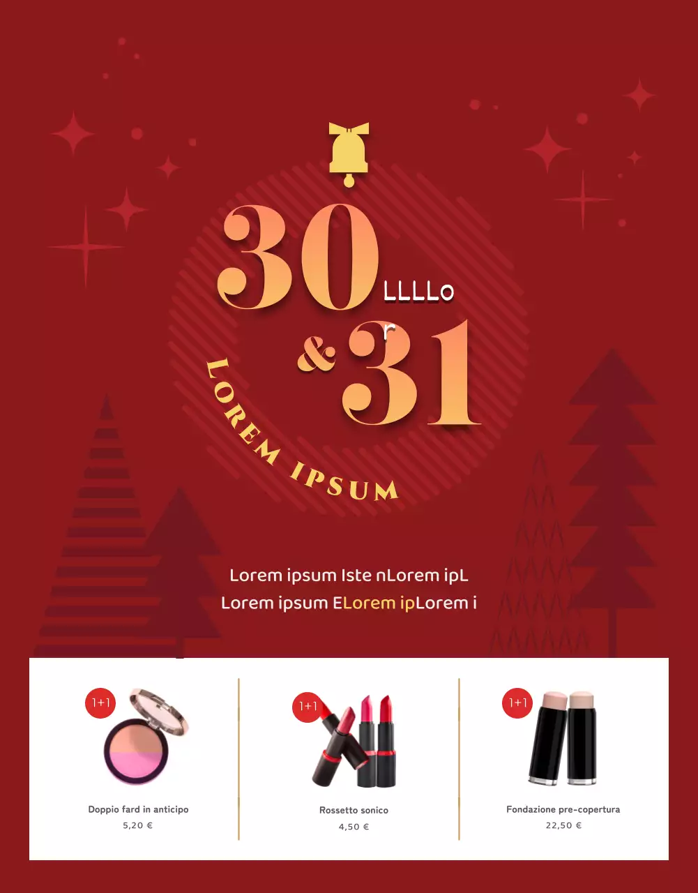 Evento natalizio "compra uno, prendi uno gratis" con sfondo rosso e decorazioni per l'albero