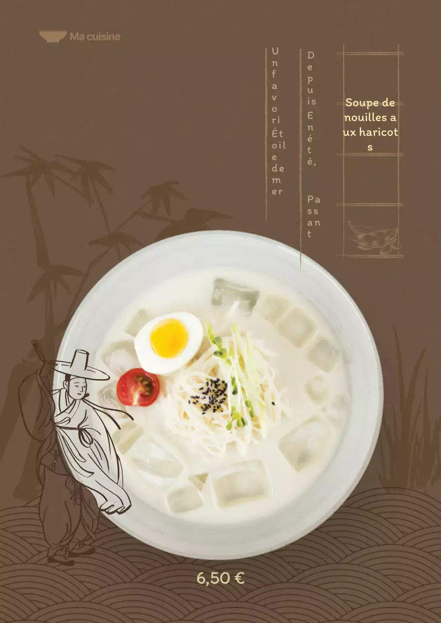 Menu d'été sur fond brun foncé avec illustrations orientales