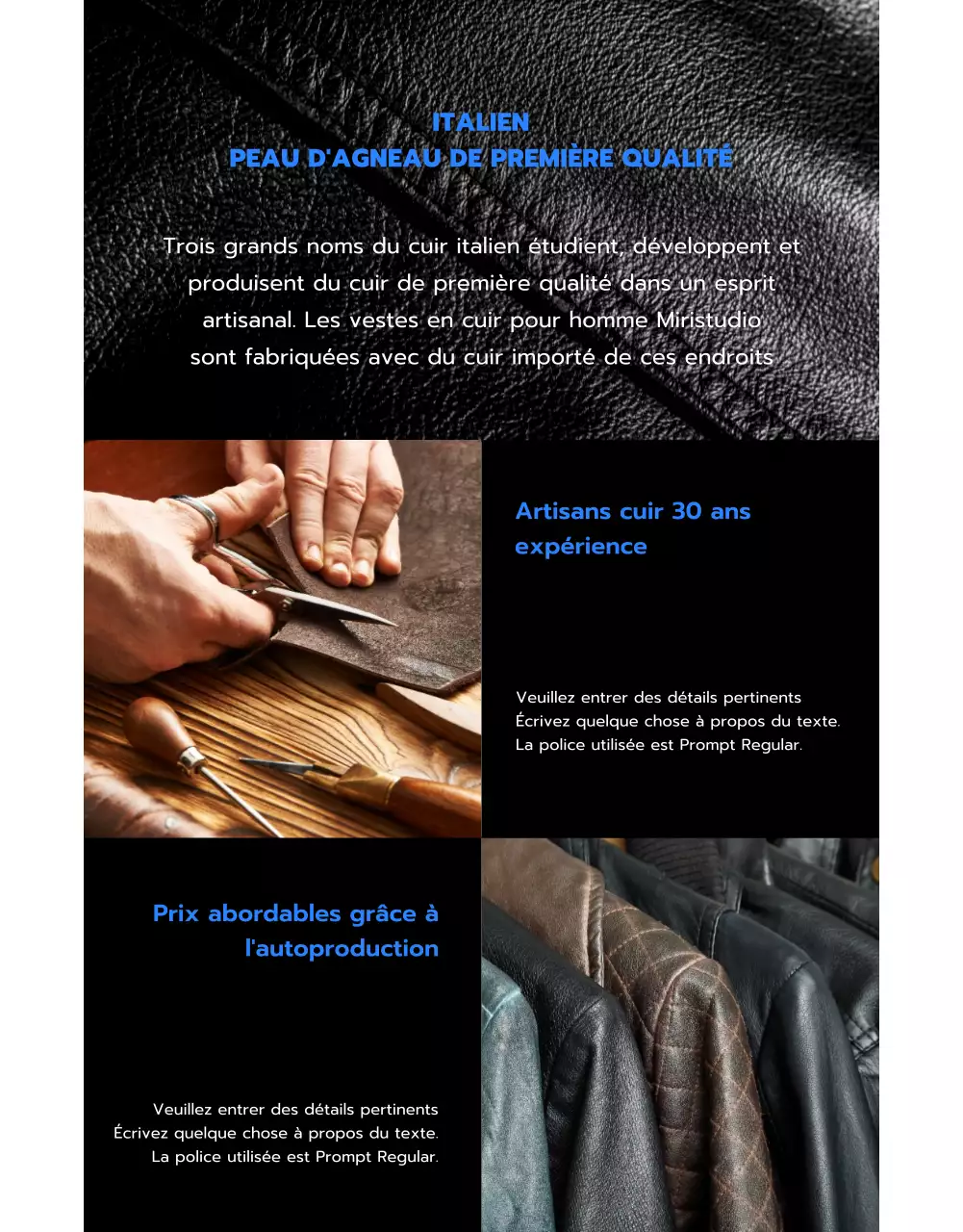 Boutique de vestes en cuir avec image en noir et bleu