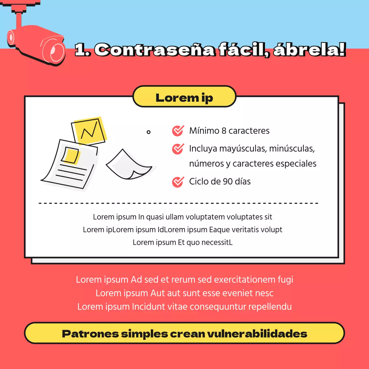 Campaña de seguridad de la información sobre contraseñas seguras con ilustración en rojo y azul claro