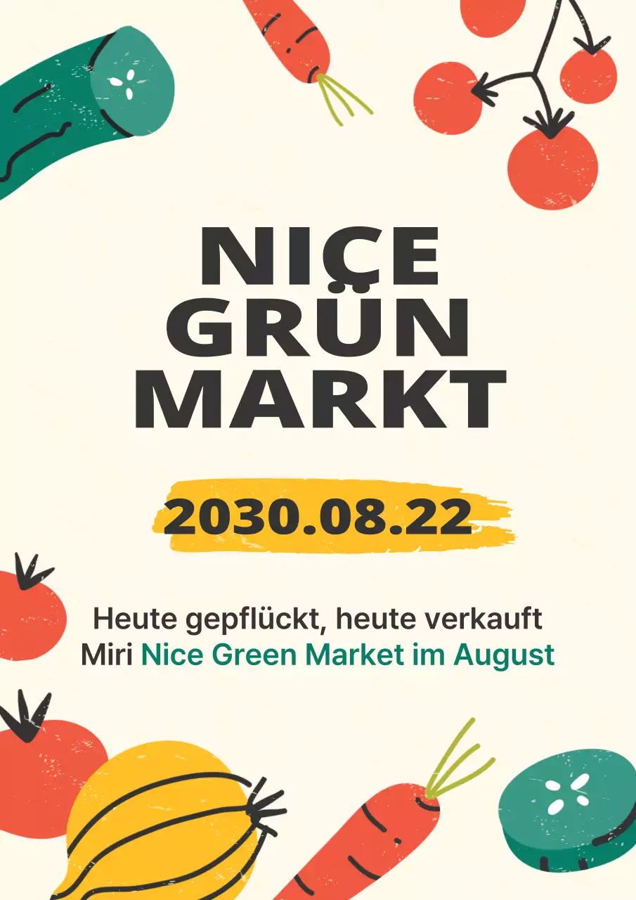 Der Inhalt des Biomarktes in einer gelben, kritzelförmigen Illustration