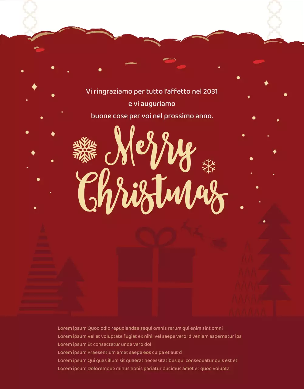 Evento natalizio "compra uno, prendi uno gratis" con sfondo rosso e decorazioni per l'albero