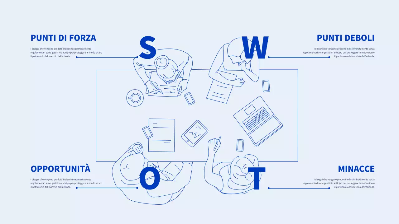 Infografica SWOT con illustrazione di linee blu e azzurre