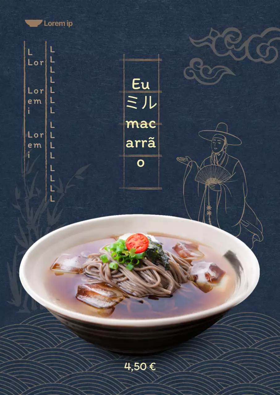 Ementa de verão com fundo azul-marinho escuro e ilustrações orientais