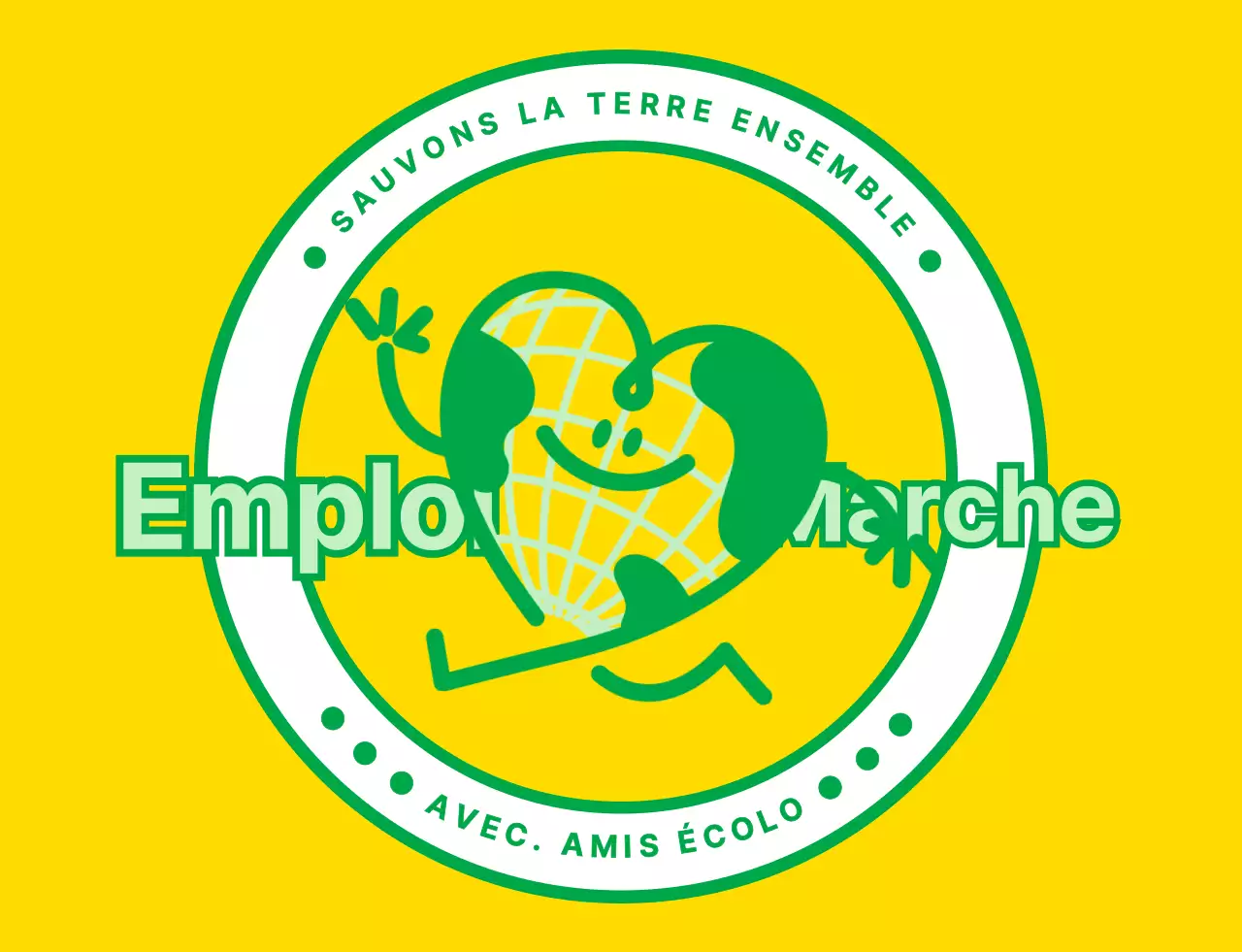 Concept de logo emblématique avec un mignon personnage de la terre en jaune et vert pour une organisation de campagne environnementale mondiale.