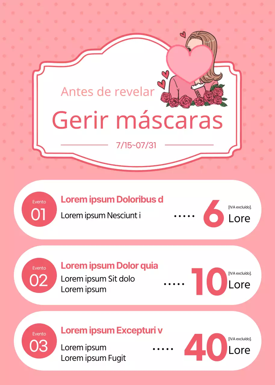 Evento de cuidados da pele numa máscara com imagem de banda desenhada cor-de-rosa e moldura a realçar