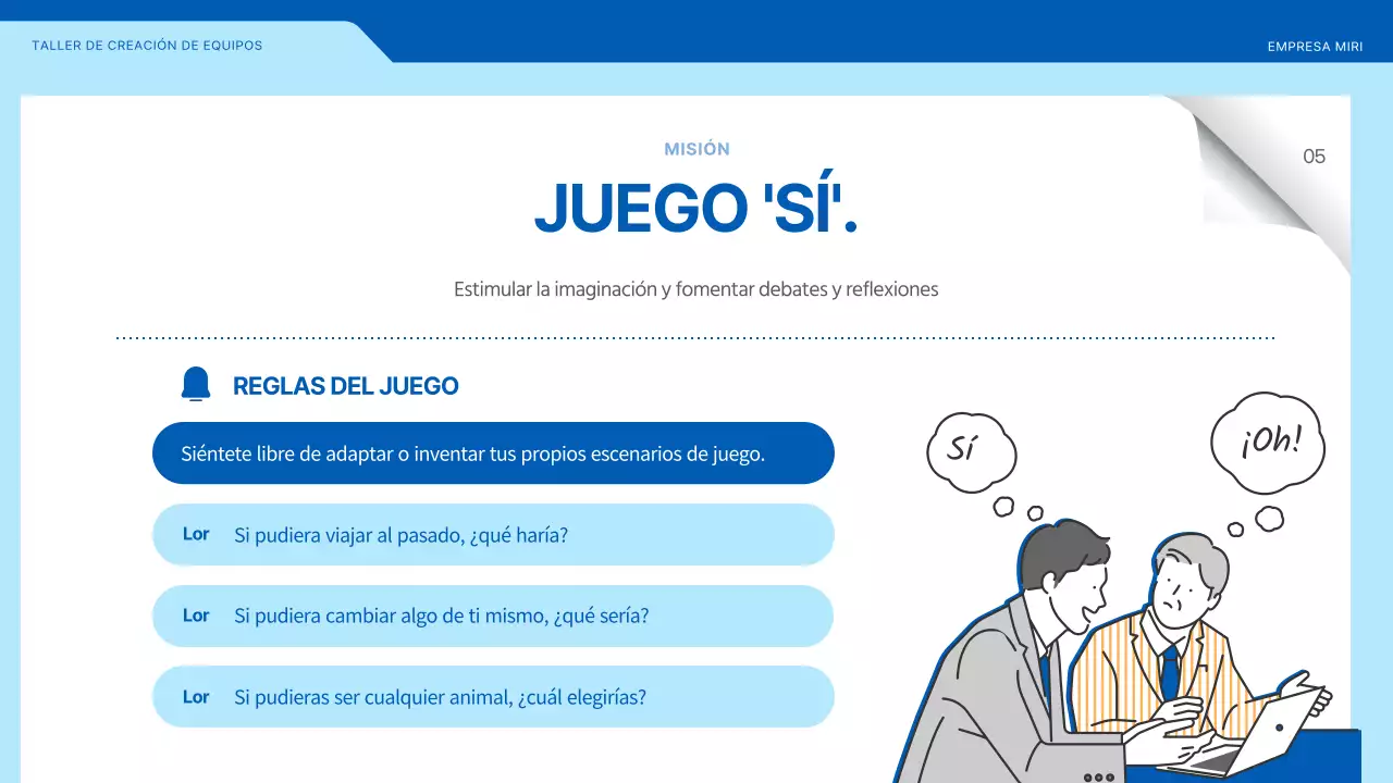 Taller de creación de equipos en el que destacan las ilustraciones en azul y amarillo