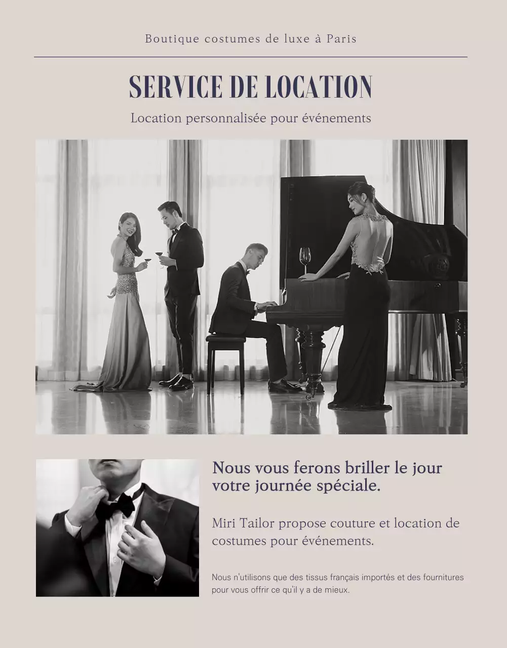 Maître de la tenue de soirée marine et beige, Miri Tailor Formalwear est spécialisé dans la confection et la location de costumes En savoir plus