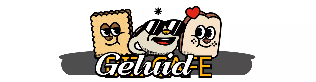 Schattig en hip karakter in logo-stijl café merchandise in geel en zwart