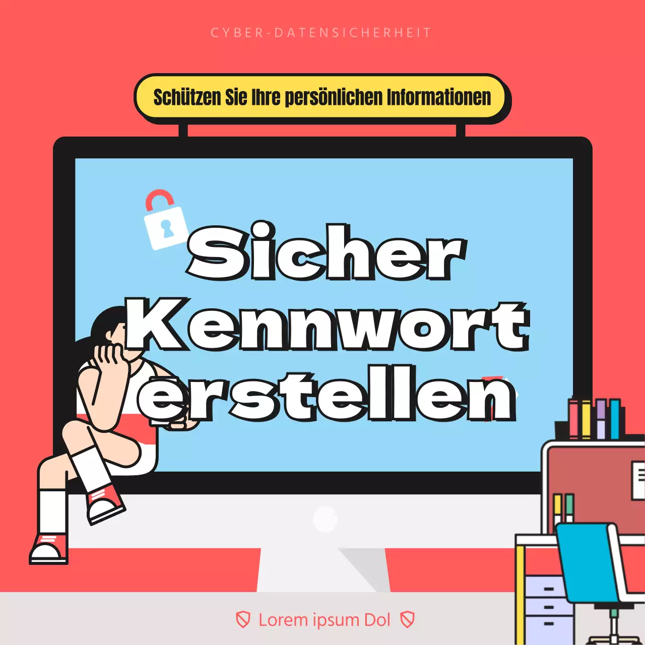 Kampagne zur Informationssicherheit durch ein sicheres Passwort mit roter und hellblauer Illustration