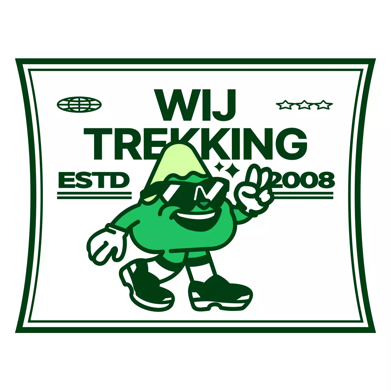 Logo-achtig clubcadeau met een schattig en hip bergfiguurtje in groen en wit.