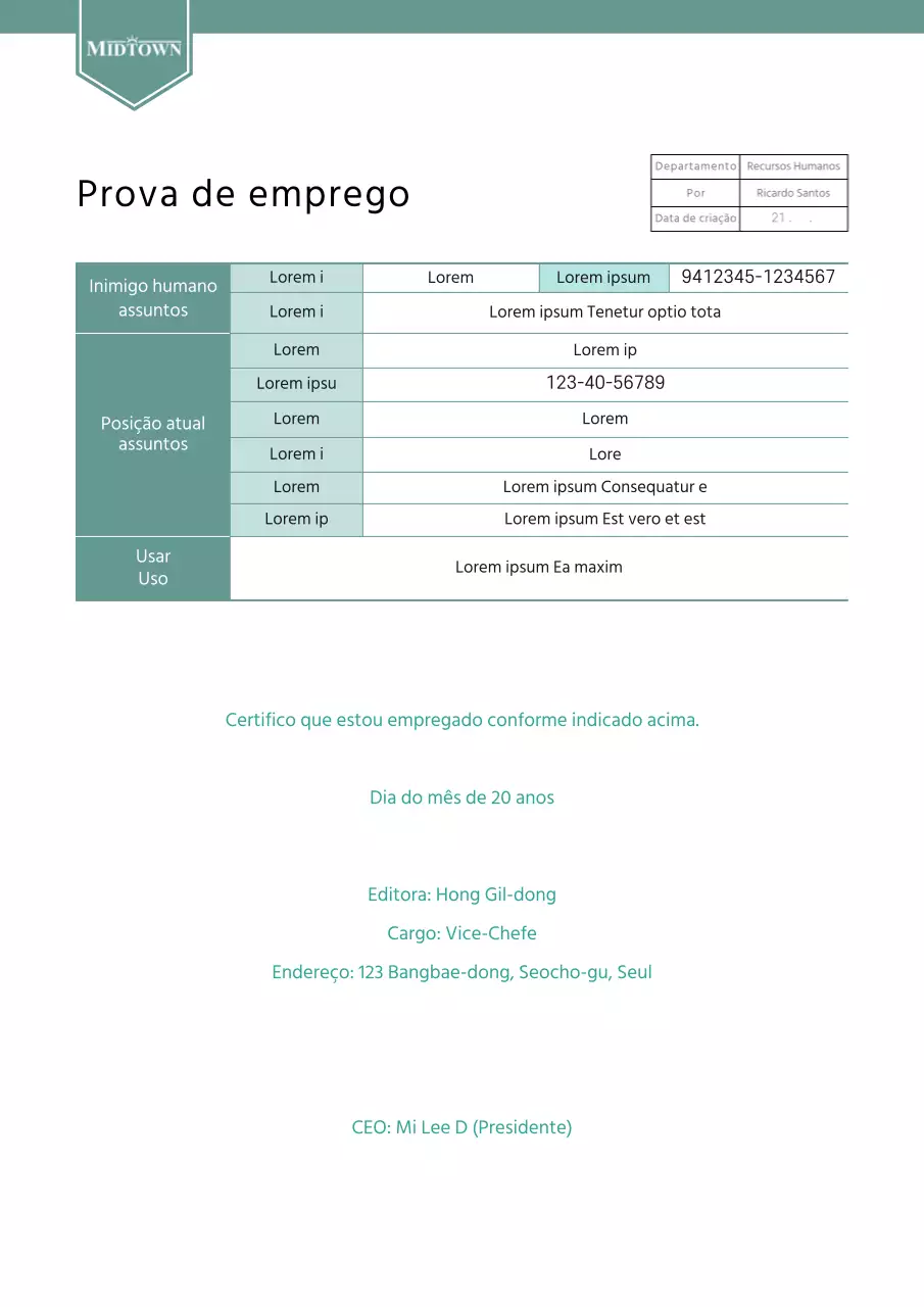 Documento verde puro comprovativo de emprego