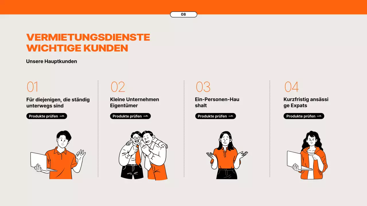 Vorschlag für einen Gerätemietservice mit orangefarbenen Elementen