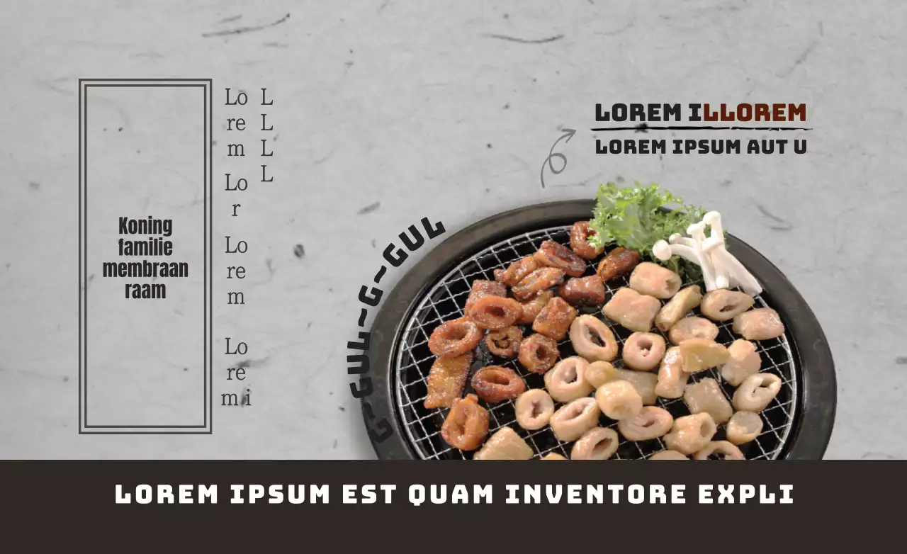 Een combinatie van eenvoudige tekst en foto's van gerechten in grijze en donkerbruine lay-outstijl om het restaurant te promoten en te informeren