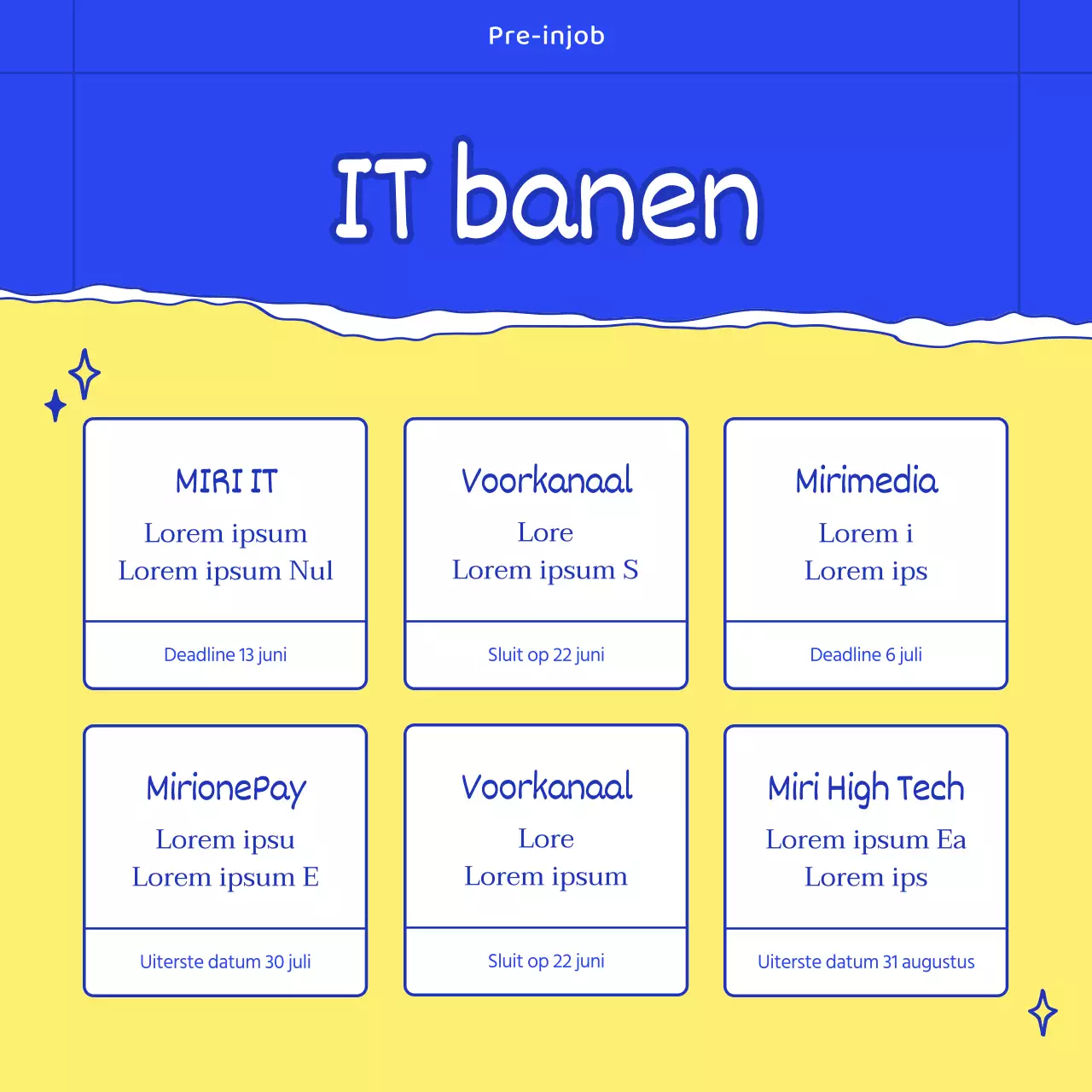 Zakelijke vacatures met stijlvolle, modieuze illustraties in blauw en geel.