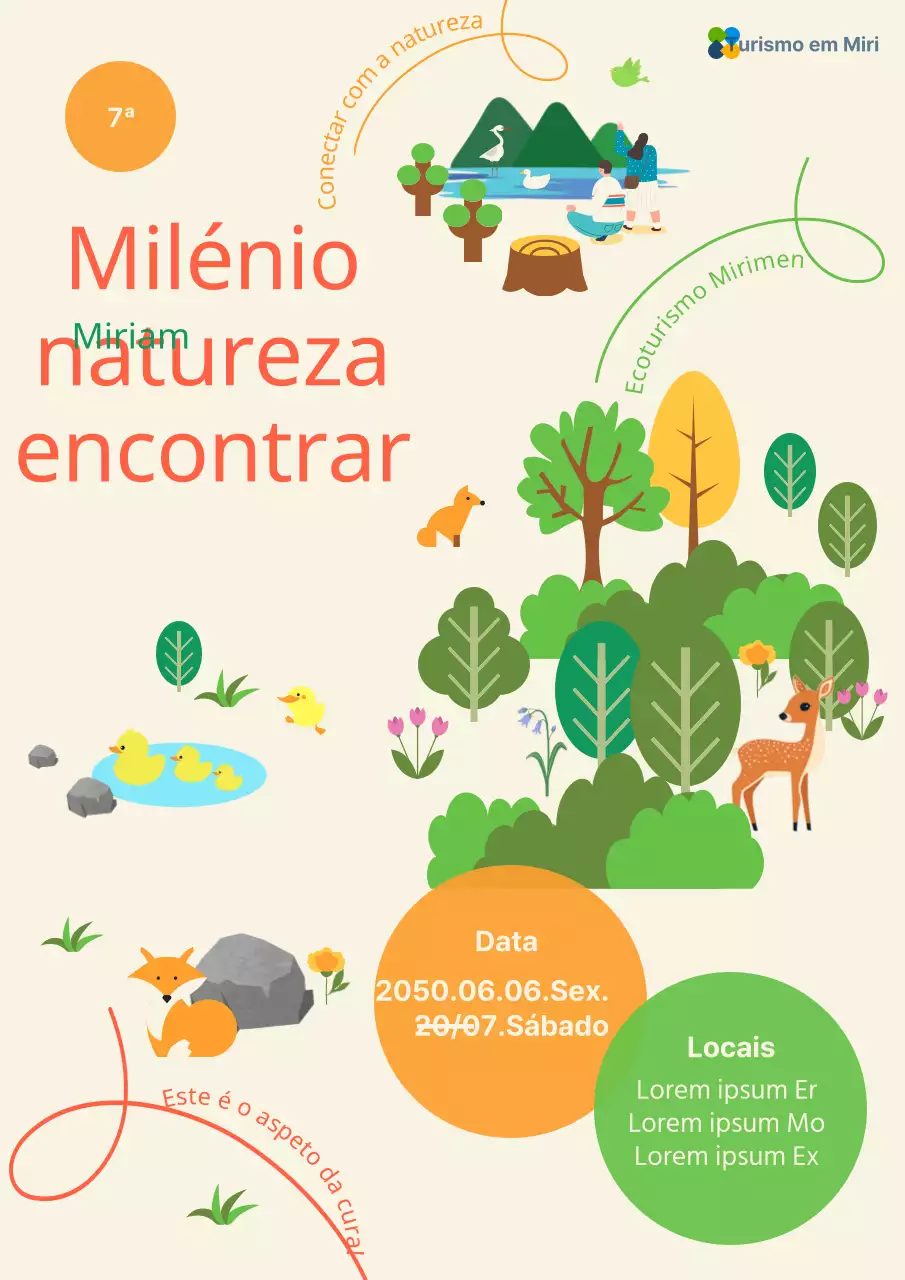 Um evento inspirado na natureza com toques de laranja e verde e ilustrações engraçadas