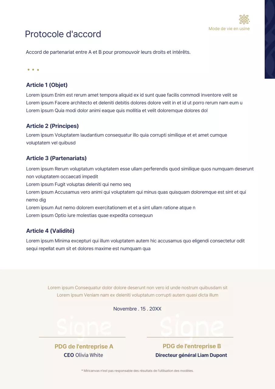 Modèle de document d'affaires contrat en bleu marine et or (Business Template)