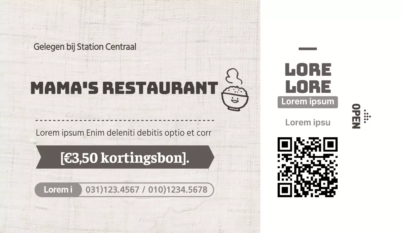 Bruin en wit, eenvoudig en schoon kortingsbon concept voor restaurant promotie en informatie