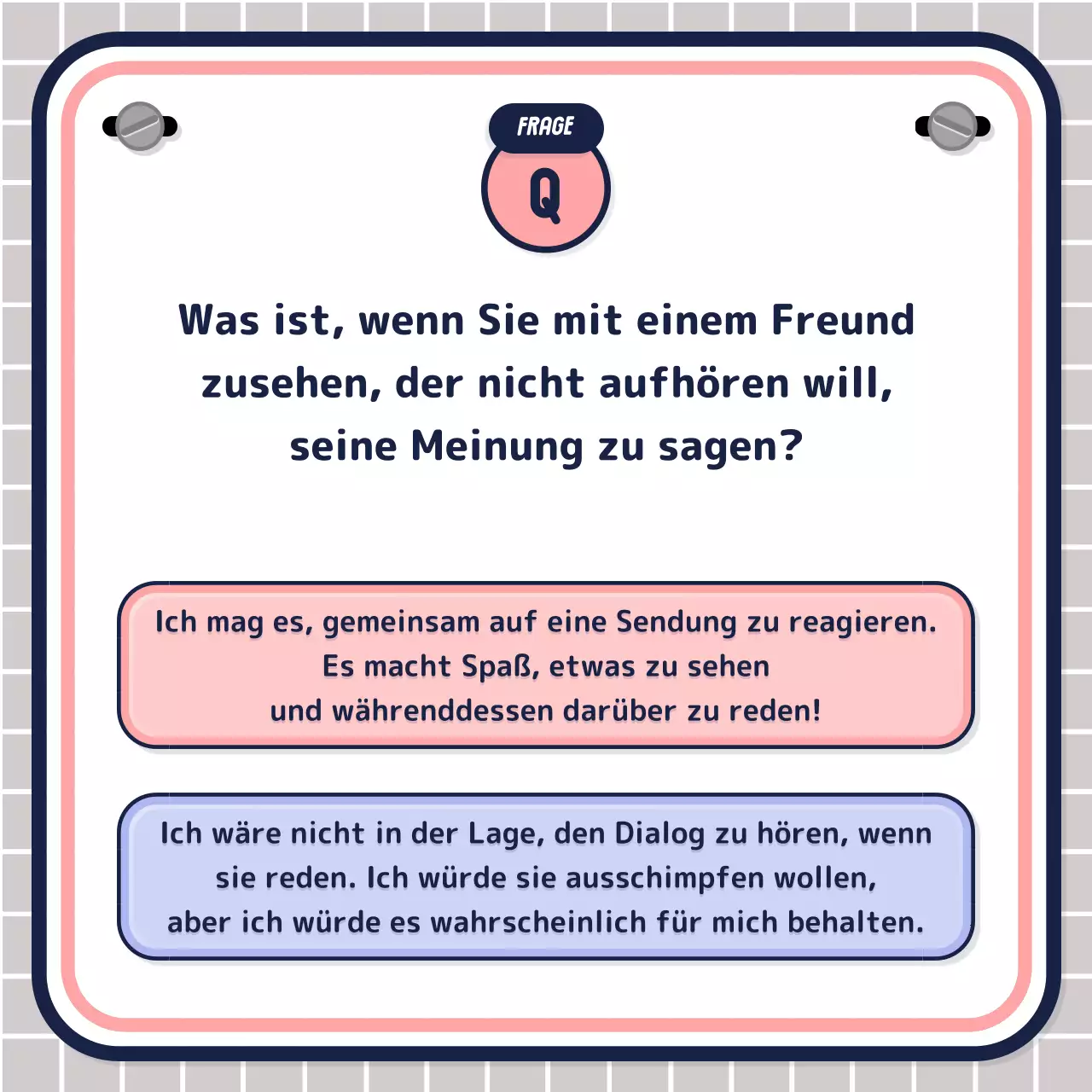 Einfacher textgesteuerter Quiz-Test in rosa-mauve-marine