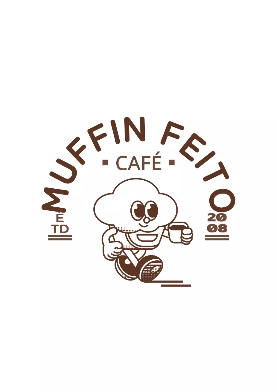 Ilustração do logótipo da personagem do muffin fofo, castanho escuro e branco, para promoção e mercadoria de café