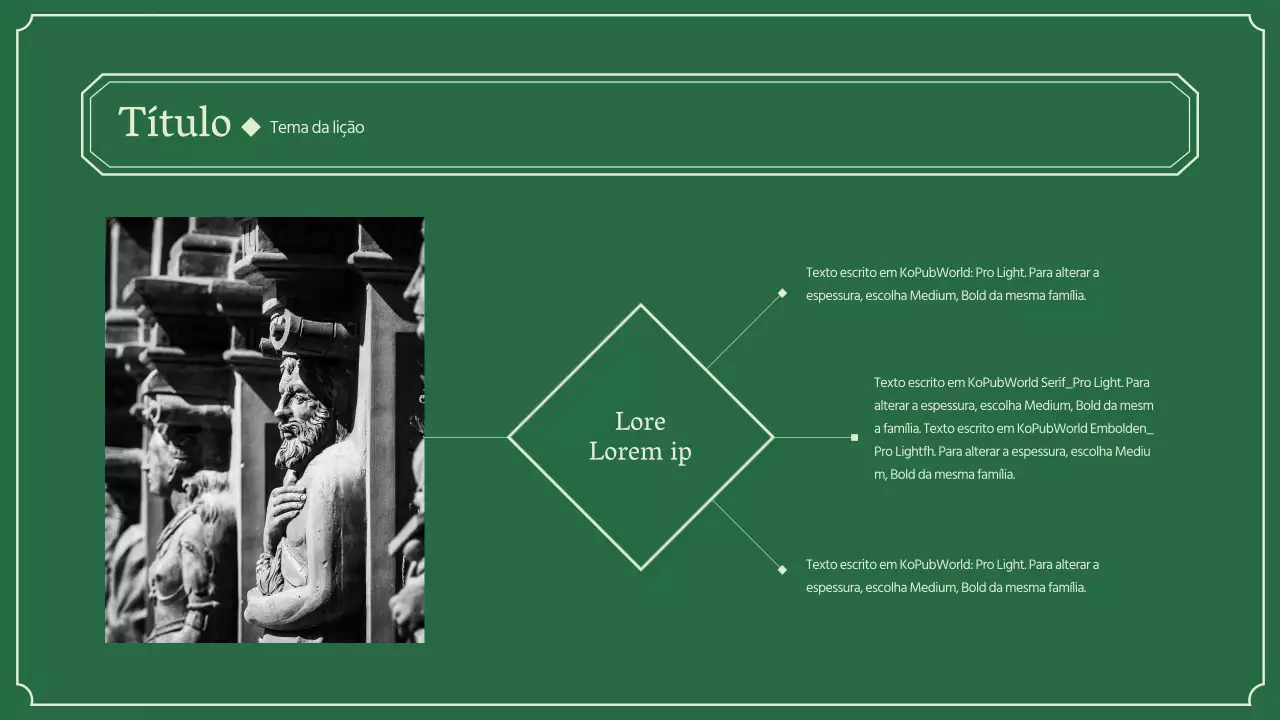 Infografia do losango educativo sobre a história do verde e do marfim