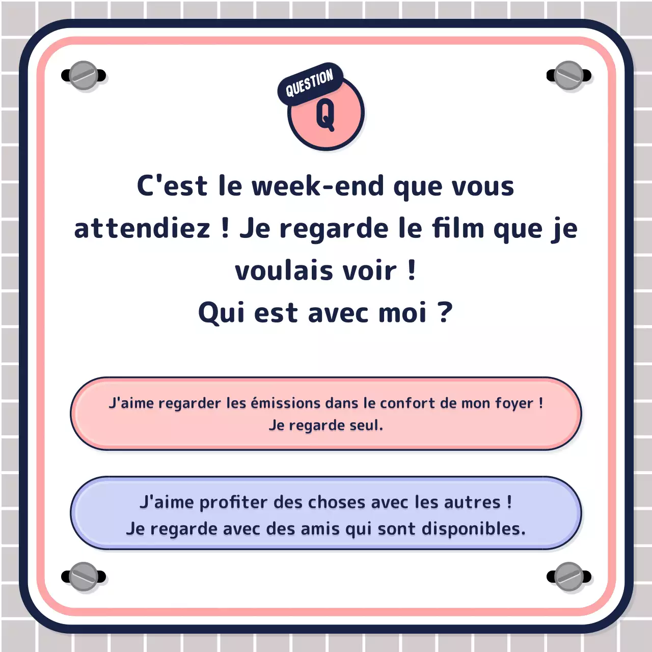 Test quiz simple piloté par le texte en rose mauve marine