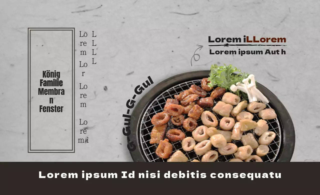 Eine Kombination aus einfachem Text und Fotos von Lebensmitteln in grauem und dunkelbraunem Layout-Stil, um das Restaurant zu bewerben und zu informieren