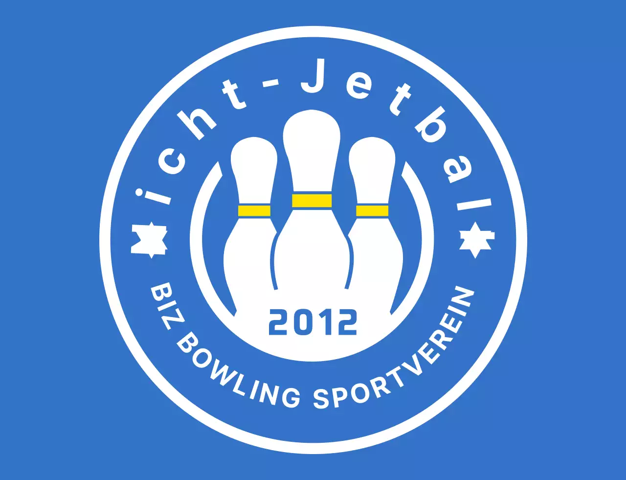 Eine saubere Bowling-Illustration und ein Emblem-Logo in Hellblau, Weiß und Gelb für einen Bowling-Sportverein.