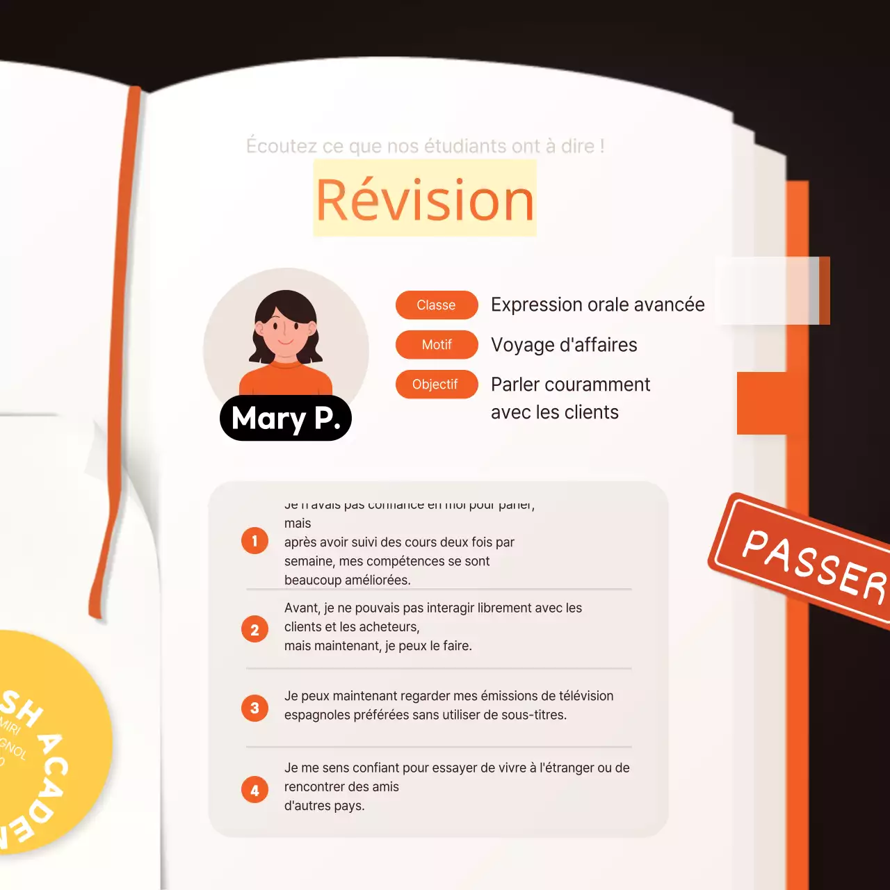 orange jaune marron livre illustration académie d'anglais carte publicitaire nouvelles