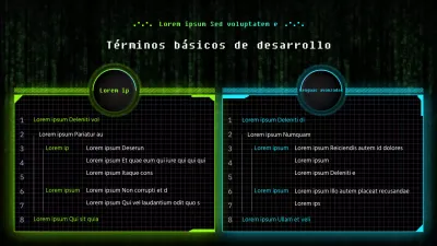 Terminología del desarrollo fundacional en neón verde y azul