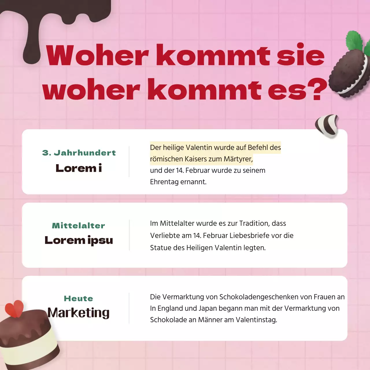 Leuchtendes, süßes und frisches Schokoladendessert-Set für den Valentinstag in Rosa und Dunkelgrün