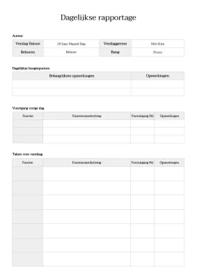 Basisopmaak dagelijkse rapportage