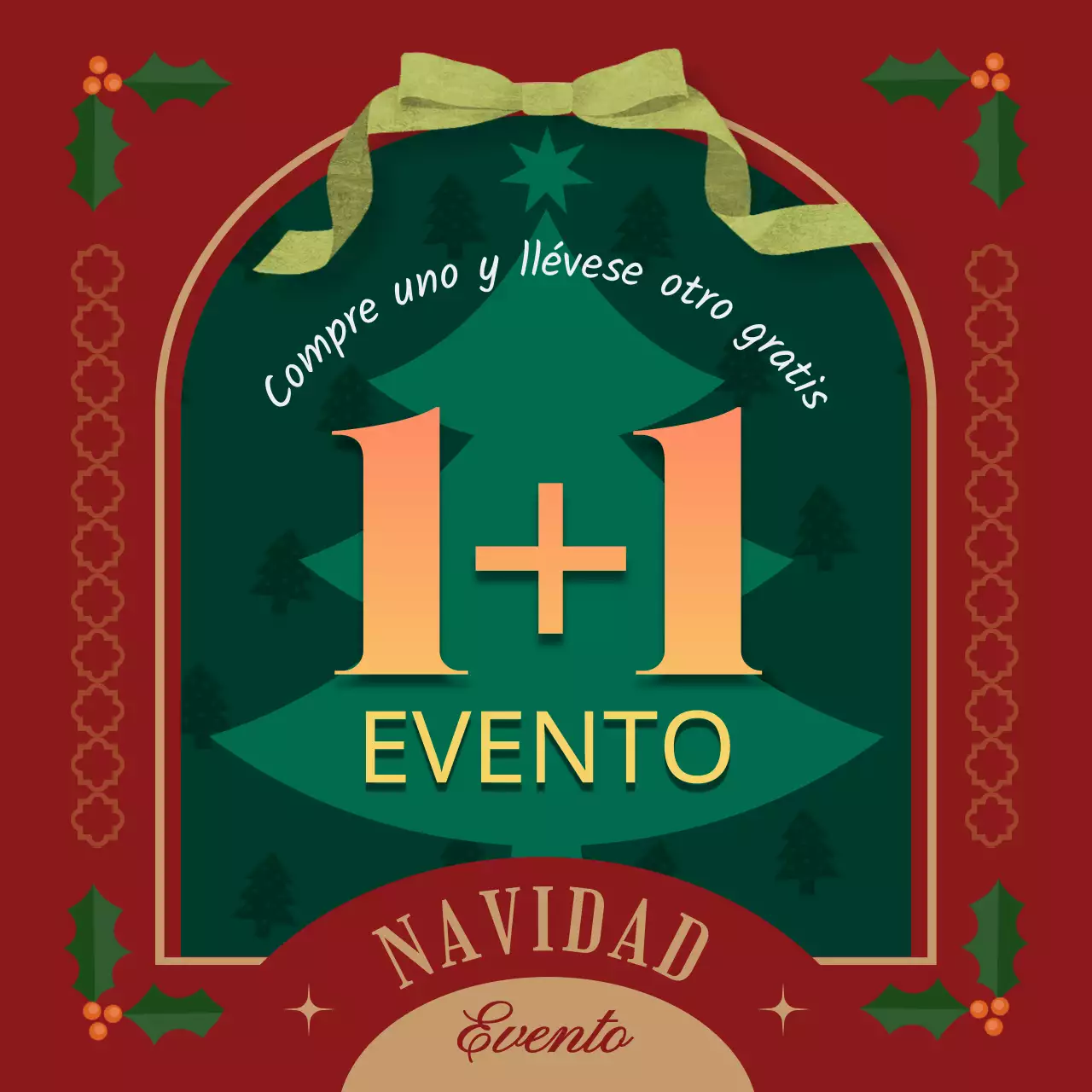 Una oferta navideña de "compre uno y llévese otro" en verde y rojo contrastados