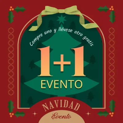 Una oferta navideña de "compre uno y llévese otro" en verde y rojo contrastados