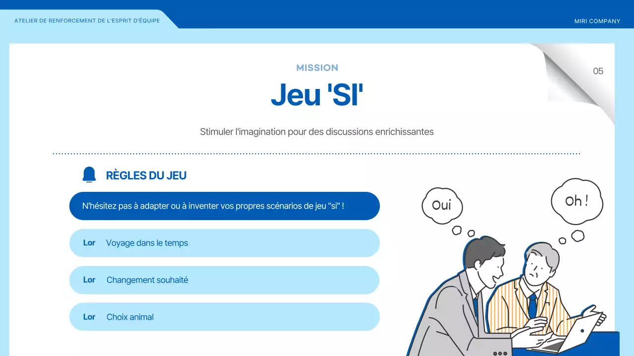 Atelier de team building mettant en valeur les illustrations en bleu et jaune