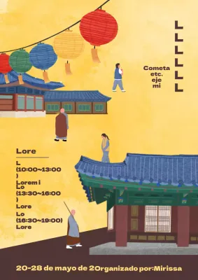 Promocione la contemplación de los cerezos en flor con una ilustración de personas disfrutando de las flores sobre un fondo rosa sembrado de cerezos en flor.