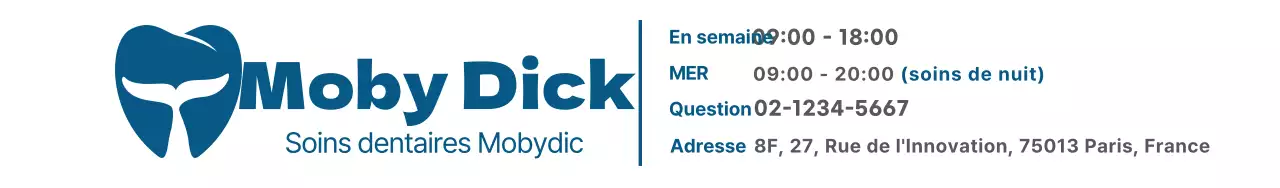 Conception simple avec un logo dentaire bleu foncé, le nom du cabinet et des informations sur le cabinet.