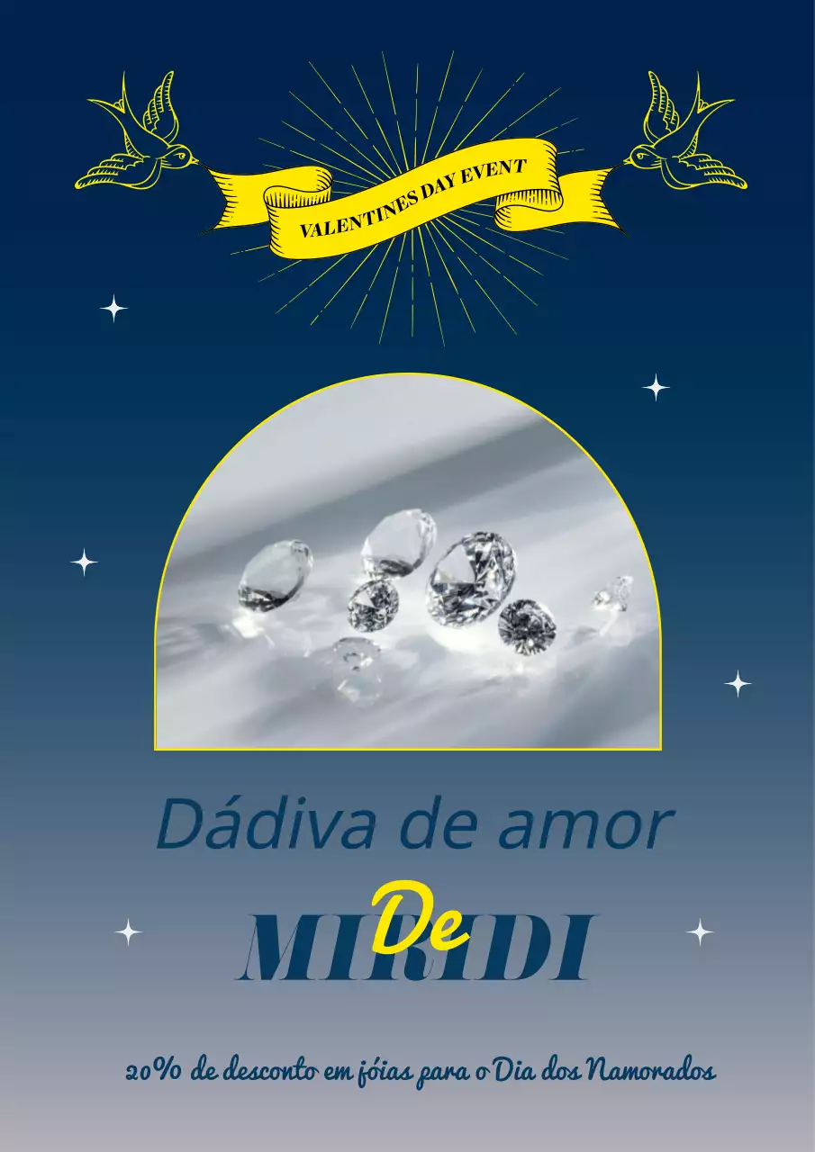 Cartaz de jóias com um pássaro azul-marinho e amarelo a segurar uma fita