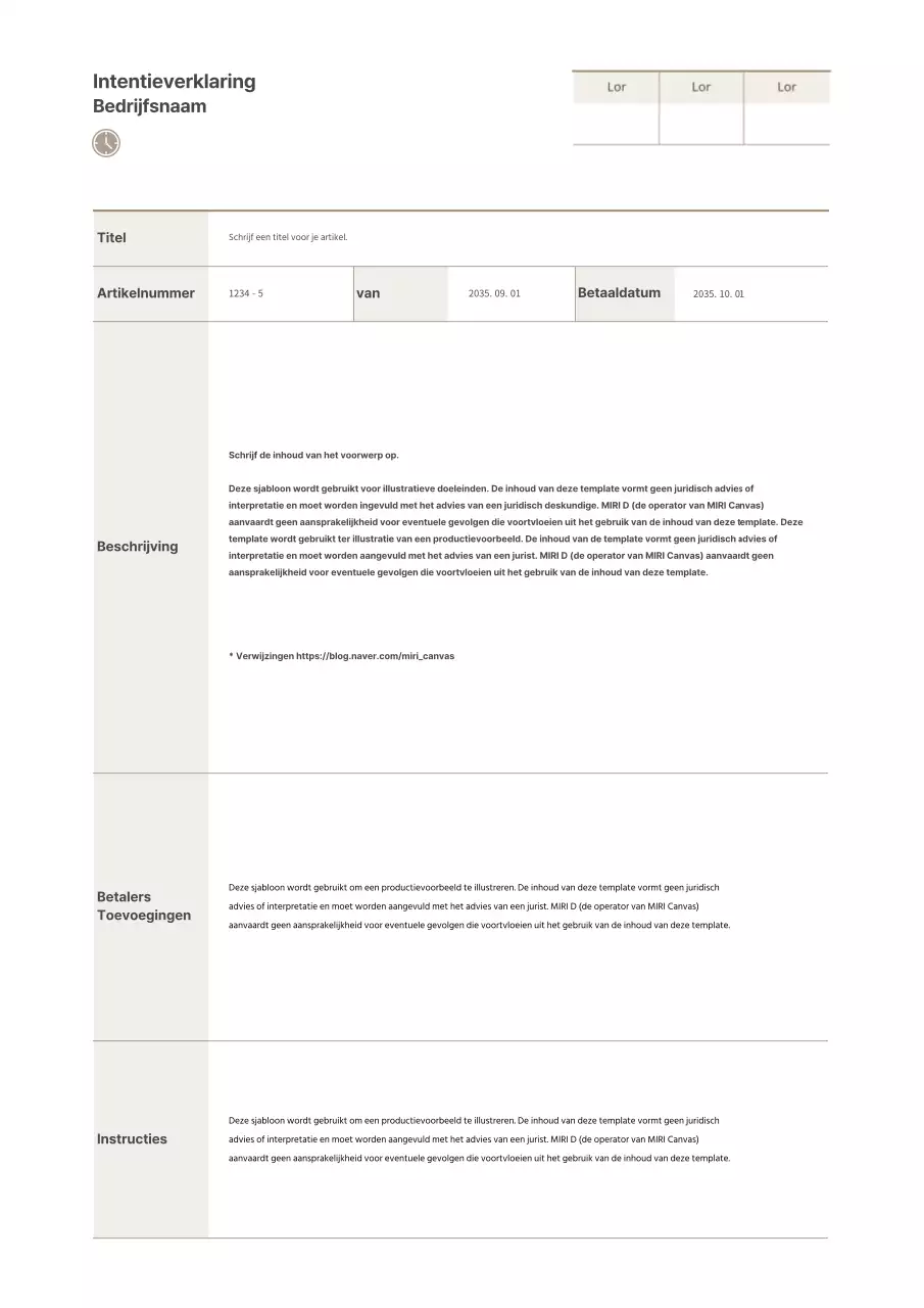 Bruine, eenvoudige intentieverklaring in tabelvorm