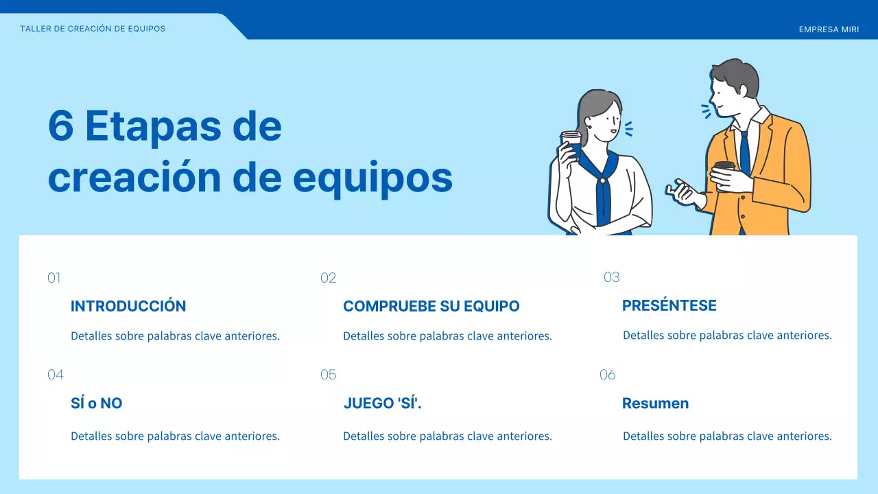 Taller de creación de equipos en el que destacan las ilustraciones en azul y amarillo