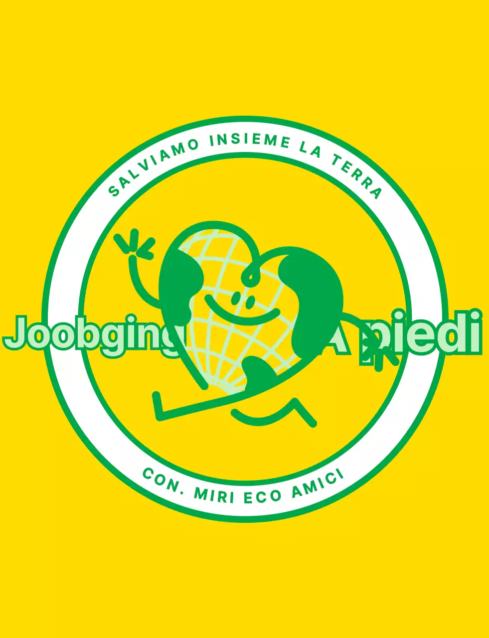 Concetto di logo emblematico con un simpatico personaggio della terra in giallo e verde per un'organizzazione di campagna ambientale globale.