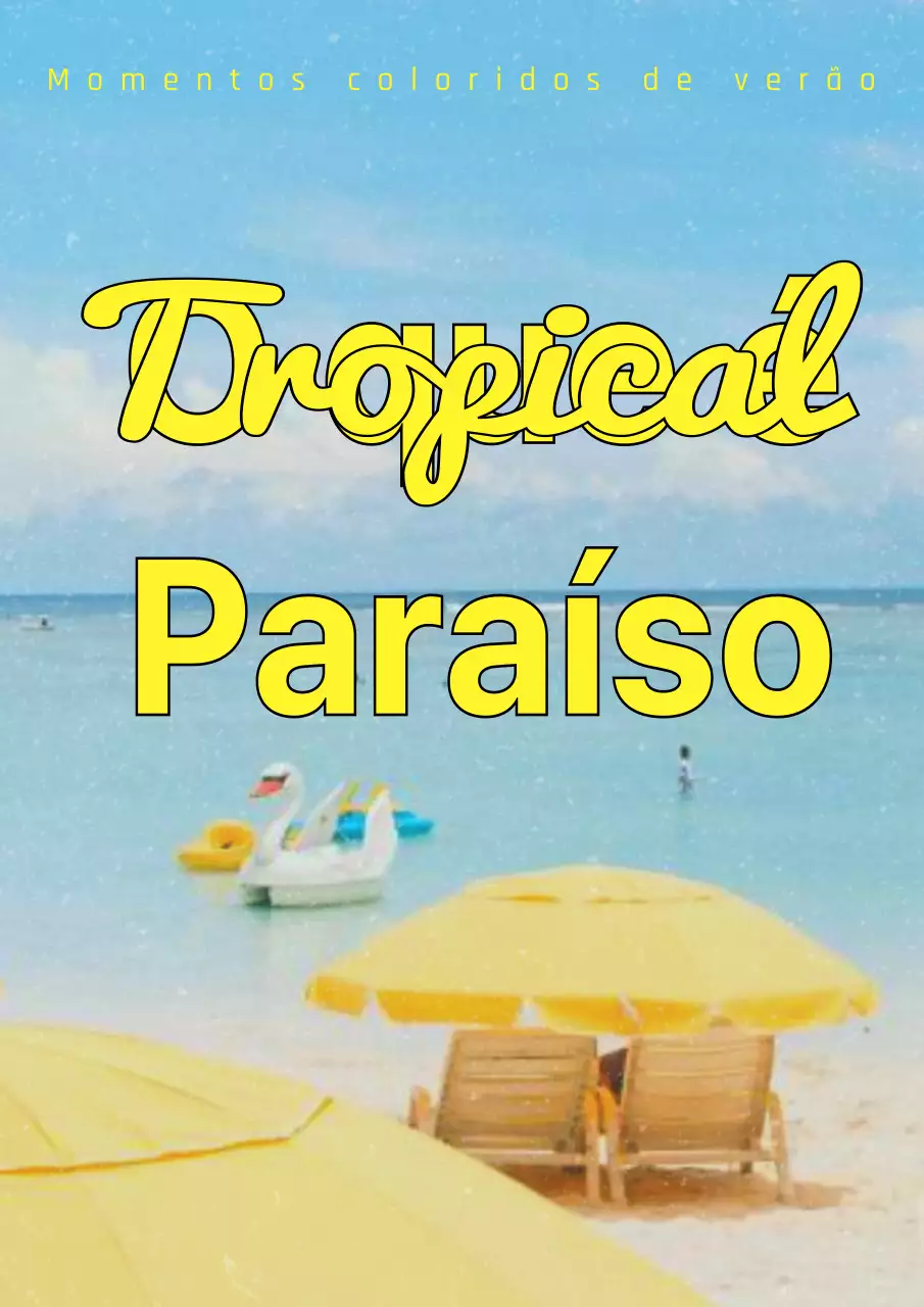 Arte de um paraíso tropical fresco e luminoso com vista para o mar e texto amarelo