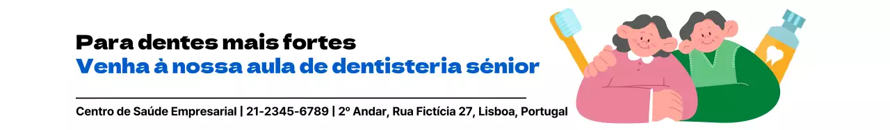 Conceção de uma brochura de um centro de saúde com ilustrações de idosos e promoção de aulas de cuidados dentários para idosos.